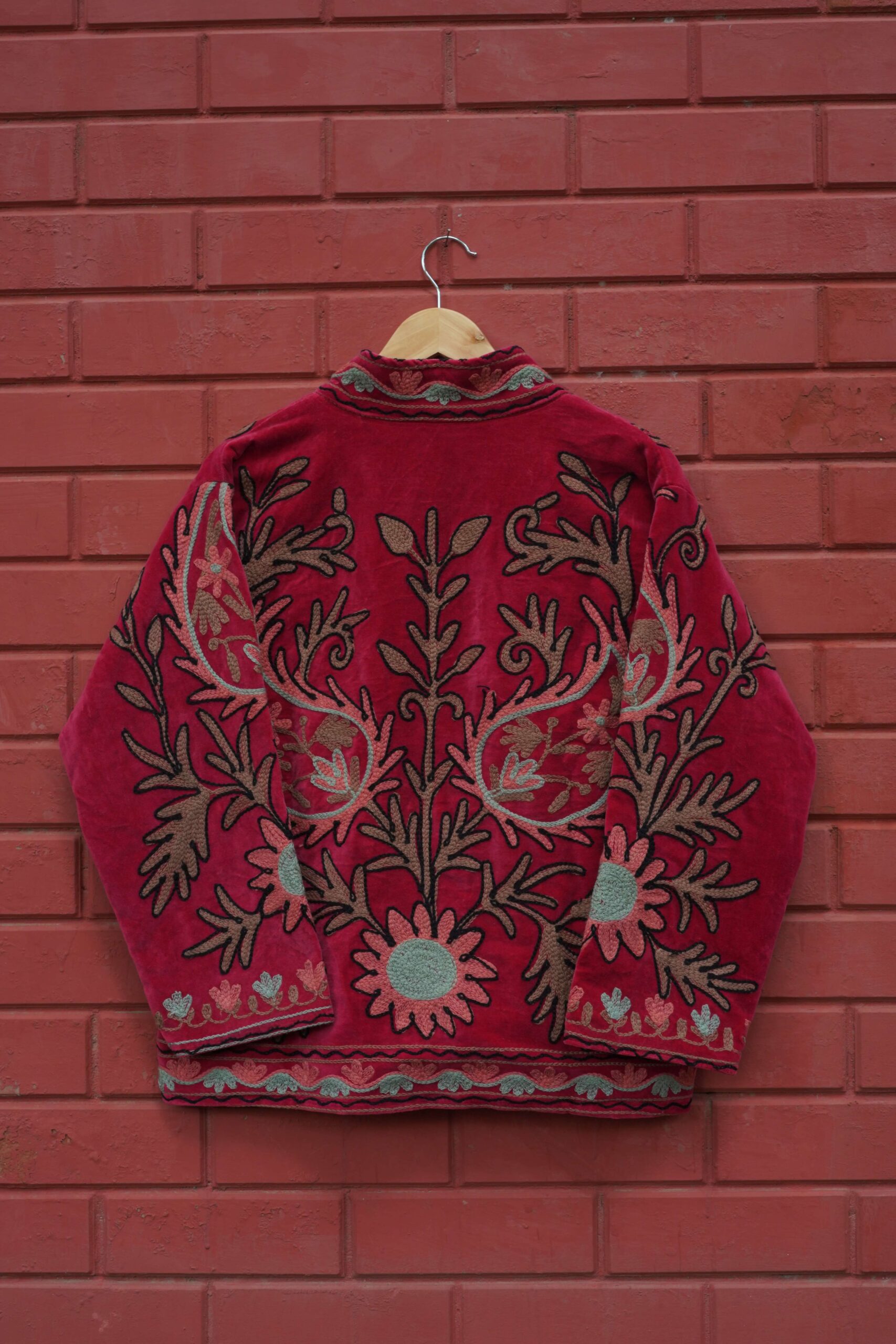 Womens Red Velvet Embroidered Jacket with Floral Design - Image 4